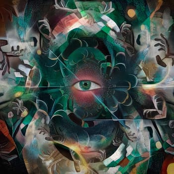 Surreal painting. Hands and Eye in Mystic Tunnel