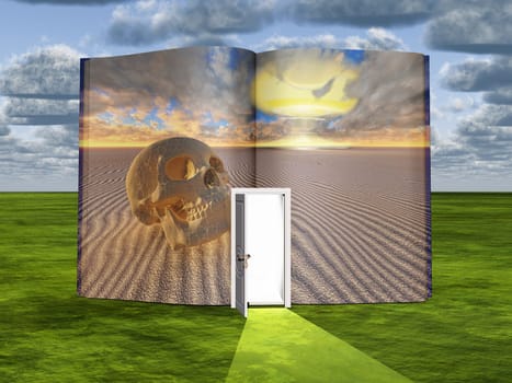 Surrealism. Book with opened door. Skull in a desert with nuclear blast