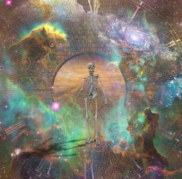 Surrealism. Man walks on a stone road in vivid universe. Skeleton symbolizes death. Some elements image credit NASA.