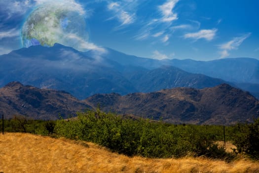 Mountain Vista. Terraformed moon seen from the Earth. 3D rendering