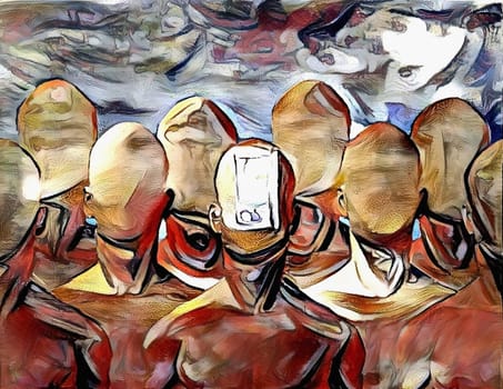 Surreal painting. Faceless men. One of them with open door instead of face. Door symbolizes pathway to another world or freedom of mind