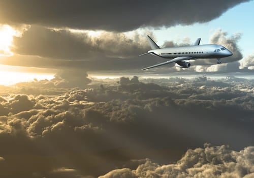 Jet Aircraft flying between clouds. Sunset or sunrise