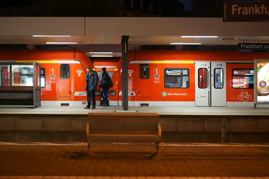 Frankfurt, Germany - December 14, 2018: A train of the Rhine-Main transport association RMV a regional provider of regional services in the Frankfurt South Station on December 14, 2018 in Frankfurt..