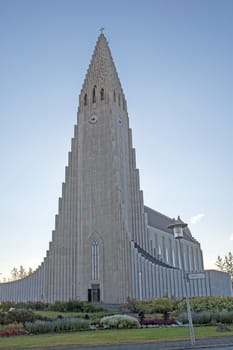 Dramatic Steeple in Hallgrímskirkja church in Reykjavík, Iceland