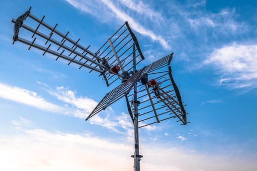 Directional antenna for reception of digital television broadcasting DVB-T and DVB-T2 against a blue sky