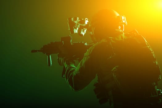 Army soldier, counter terrorist squad fighter, military company mercenary in ammunition and body armor, helmet with night vision device, aiming with short barrel service rifle, low key, studio shoot