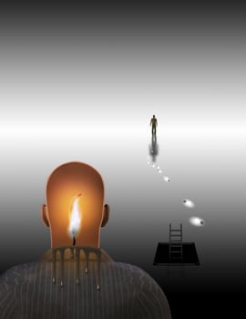 Surrealism. Melting candle in man's head. Figure of man in a distance.