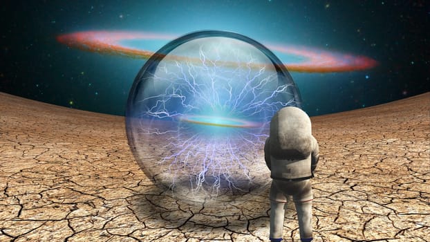 Surrealism. Astronaut stands in arid land before crystal ball with electricity charge.