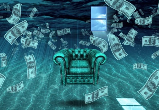 Strange Underwater Scene. Dollars and armchair.
