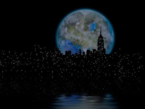 3D rendering. Terraformed moon over night New York city.