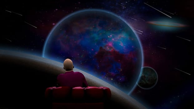 Surreal scene. Man sits in red armchair and observes vivid purple planet, moon and meteor shower. 3D rendering
