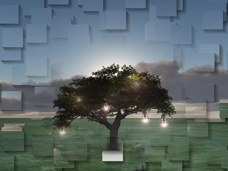 Surreal digital art. Tree with light bulbs symbolizes knowledge and ideas.