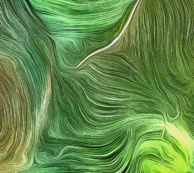 Fluid lines of color movement. Green is a main color. 3D rendering.