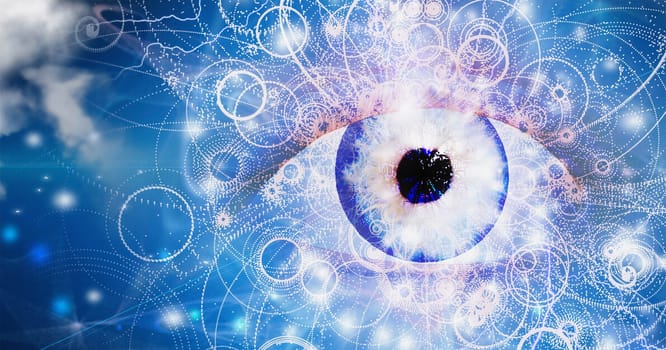 Surreal digital art. Blue giant eye in the cloudy sky.