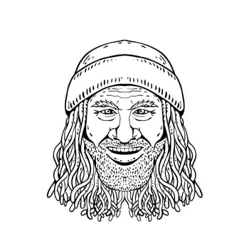 Drawing sketch style illustration of head of a Rastafarian dude, Rastafari or guy practising Rastafarianism, an Abrahamic religion developed in Jamaica in 1930s on white background in black and white.