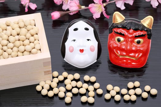 Japanese traditional event, soybeans and mask of demon are used on an annual event /Setsubun.
