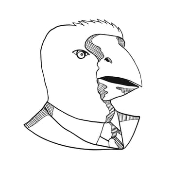 Drawing sketch style illustration of head of a takahe, the South Island takahe or notornis, a flightless bird indigenous to New Zealand, wearing a business suit coat and tie in black and white.