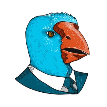 Drawing sketch style illustration of head of a takahe, the South Island takahe or notornis, a flightless bird indigenous to New Zealand, wearing a business suit and tie on isolated white background.