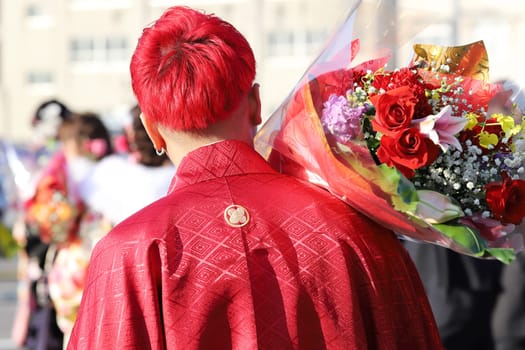 KAGAWA, JAPAN - JANUARY 13, 2019: Young Japanese men wearing traditional kimono for the coming of age day celebration, they turn twenty in Kagawa, Japan.