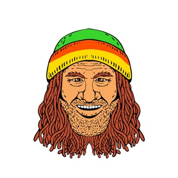 Drawing sketch style illustration of head of a Rastafarian, Rastafari or guy practising Rastafarianism, wearing a beanie and dreadlocks on white background in full color.