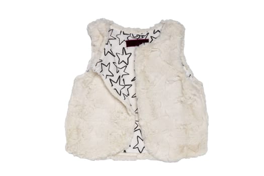 Fur vest. White fur vest for child girls for spring isolated on a white background. Child fashion.