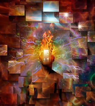 Man with burning head and open door instead of face.
