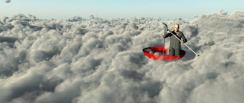 Surrealism. Man in a suit with paddle floats in red umbrella on clouds.
