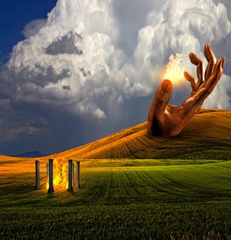 Surreal Landscape with giant sculptures and temple of fire