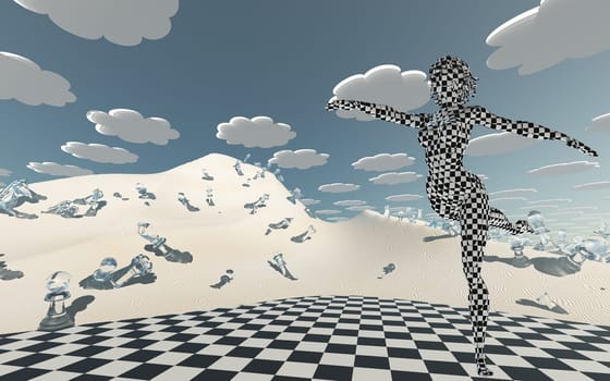 Checker board covered dancer in chessboard desert
