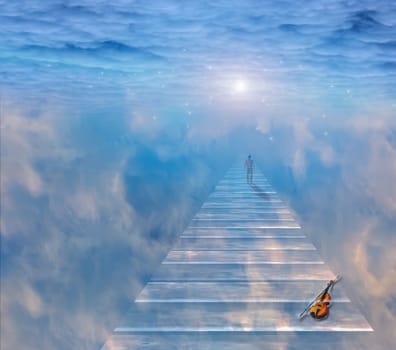 Musical path. Violin and man on a sky road