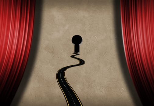 Symbolic composition. Art way. Road to keyhole on a stage with red curtains. 3D rendering