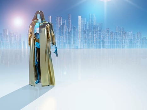 Droid in golden robe before the great city