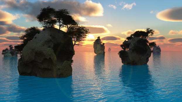 Sunset or sunrise with rocky islands