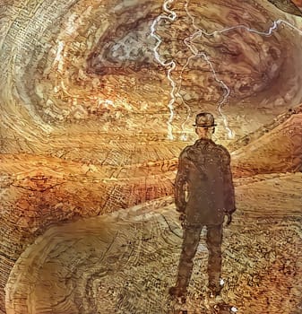 Abstract painting. Man in suit and bowler hat stands in the field. Lightnings in the sky