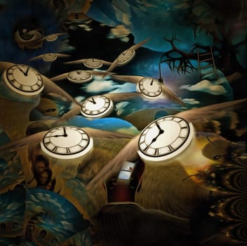 Surreal painting. Man with opened window in his head. Old tree with light bulb on a branch. God's Eye in the sky. Winged clocks represents flow of time.