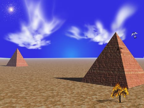 Ghosts over Egypt pyramids, burning tree