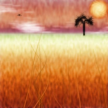 Abstract landscape. Orange sunset and lonely tree. Bird in the sky