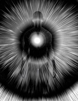 Man's silhouette with rays of light. Soul or Aura