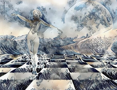 Surreal painting. Woman's statue made of white stone on a chess board. 3D rendering