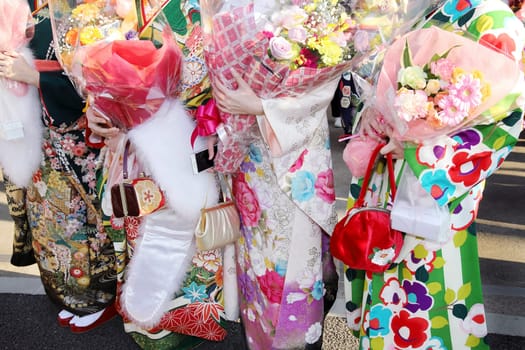 Young Japanese women wearing traditional kimono for the coming of age day celebration