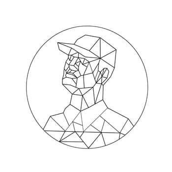 Low polygon style illustration of a union worker or tradesman wearing a baseball cap looking up set inside circle or oval done in black and white on isolated background.