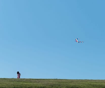 The little girl are flying a kite on the hill