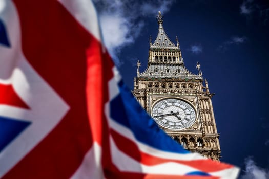 brexit concept - double exposure of flag and Westminster Palace with Big Ben
