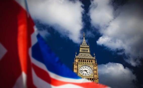 brexit concept - double exposure of flag and Westminster Palace with Big Ben