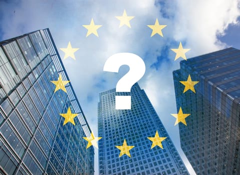 brexit concept - UK economy after Brexit deal - double exposure of flag and Canary Wharf business center skyscrapers