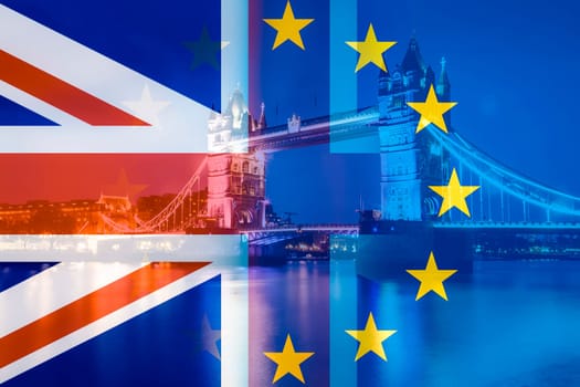 brexit concept - double exposure of Tower bridge and flags
