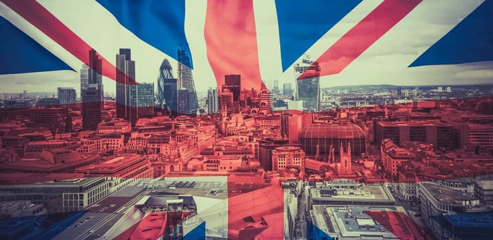 brexit concept - double exposure of flags and London skyscrapers