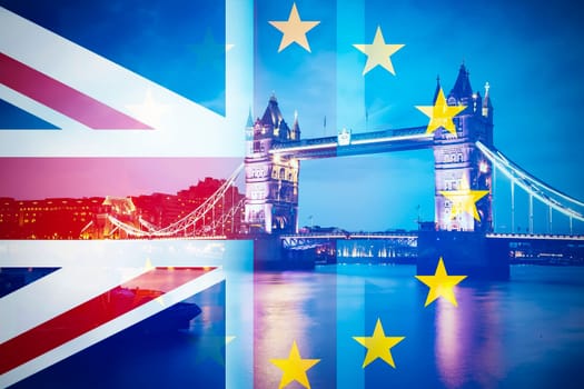 brexit concept - double exposure of Tower bridge and flags