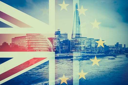 brexit concept - double exposure of flags and London skyscrapers