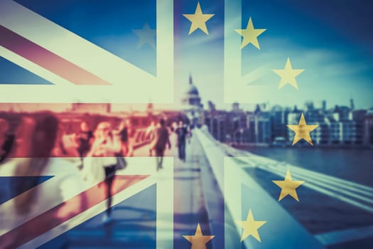 brexit concept - double exposure of flags and people walking on Millenium Bridge